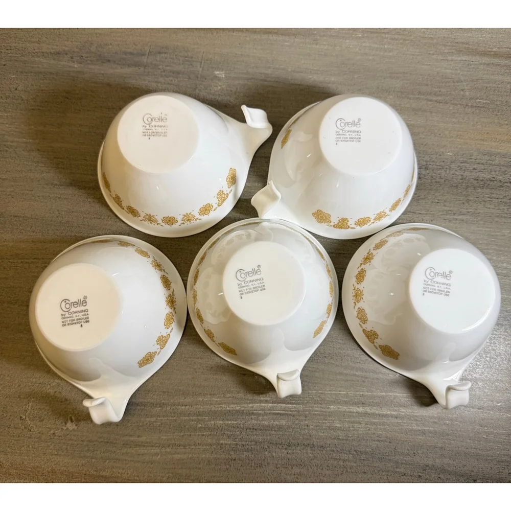 Set of 5 vintage Corelle Butterfly Gold flat cups hook handles by Corning